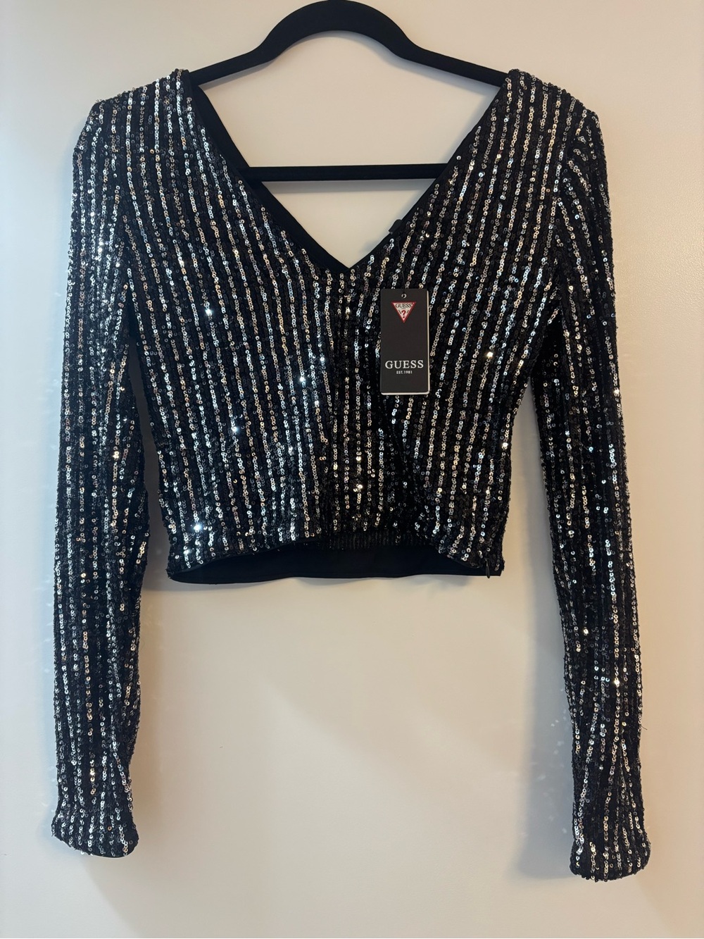 GUESS Black Sequin V-Neck Crop Top